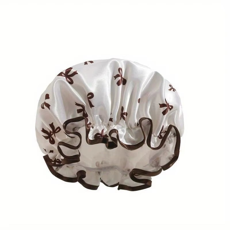 1Pc Double Layer Shower Cap Waterproof Reusable Bath Cap with Printed Design Elastic Band for Women Ladies Spa Salon