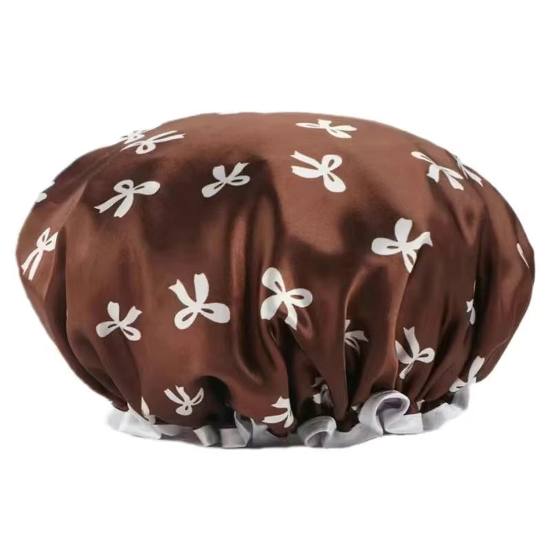 1Pc Double Layer Shower Cap Waterproof Reusable Bath Cap with Printed Design Elastic Band for Women Ladies Spa Salon