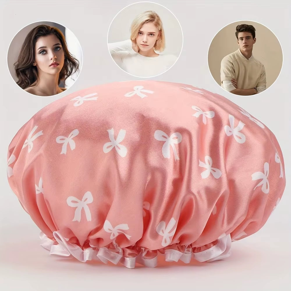 1Pc Double Layer Shower Cap Waterproof Reusable Bath Cap with Printed Design Elastic Band for Women Ladies Spa Salon
