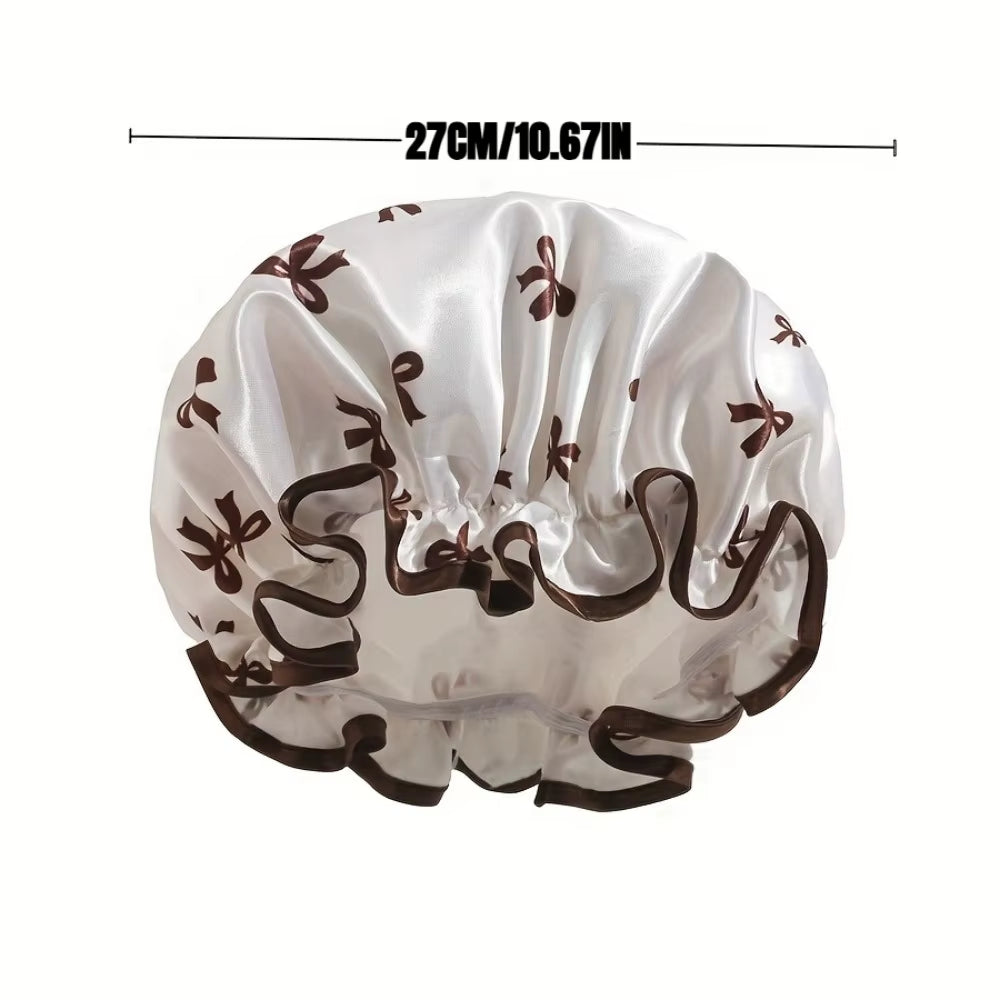 1Pc Double Layer Shower Cap Waterproof Reusable Bath Cap with Printed Design Elastic Band for Women Ladies Spa Salon
