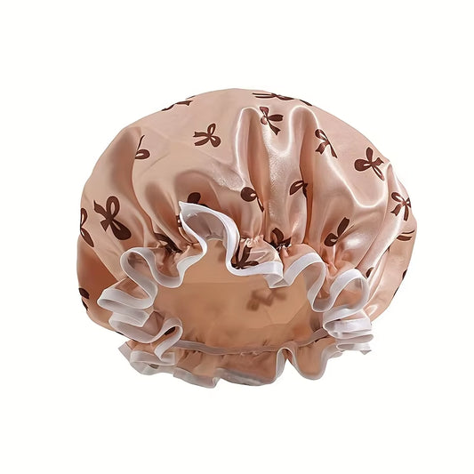 1Pc Double Layer Shower Cap Waterproof Reusable Bath Cap with Printed Design Elastic Band for Women Ladies Spa Salon