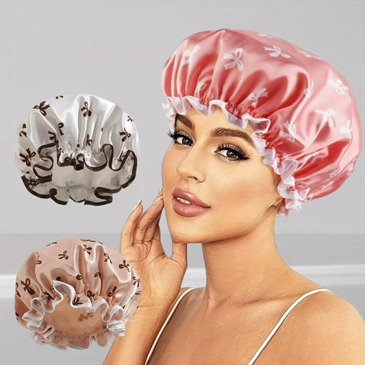 1Pc Double Layer Shower Cap Waterproof Reusable Bath Cap with Printed Design Elastic Band for Women Ladies Spa Salon