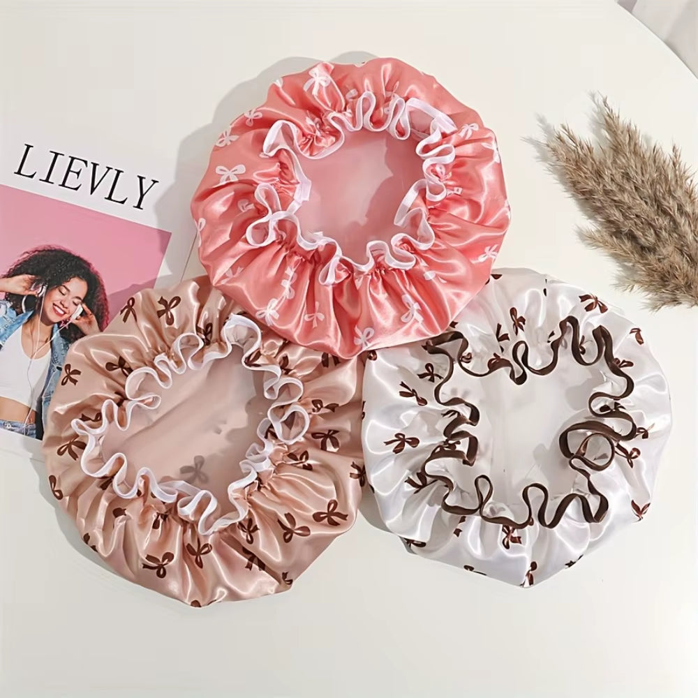 1Pc Double Layer Shower Cap Waterproof Reusable Bath Cap with Printed Design Elastic Band for Women Ladies Spa Salon
