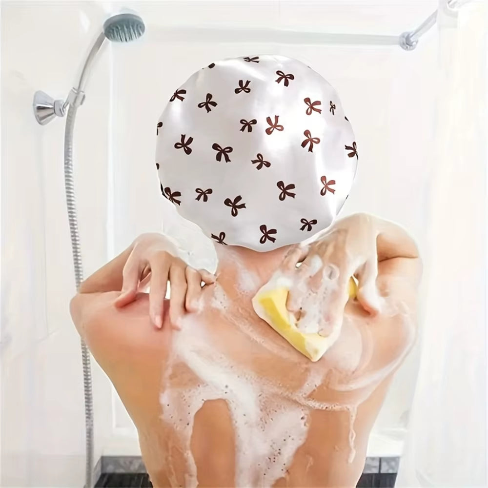 1Pc Double Layer Shower Cap Waterproof Reusable Bath Cap with Printed Design Elastic Band for Women Ladies Spa Salon