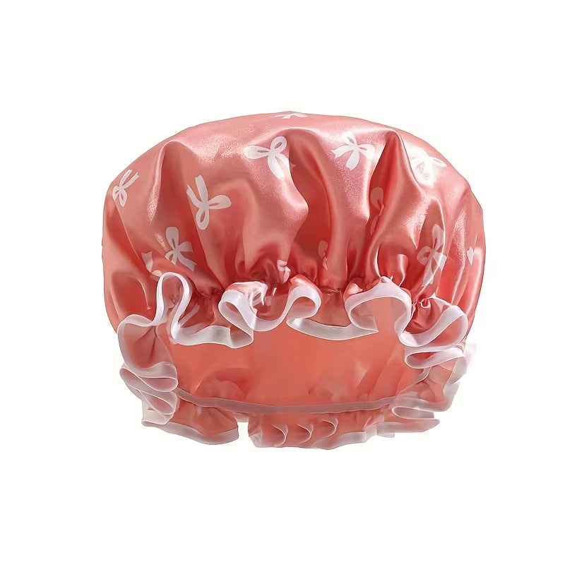 1Pc Double Layer Shower Cap Waterproof Reusable Bath Cap with Printed Design Elastic Band for Women Ladies Spa Salon
