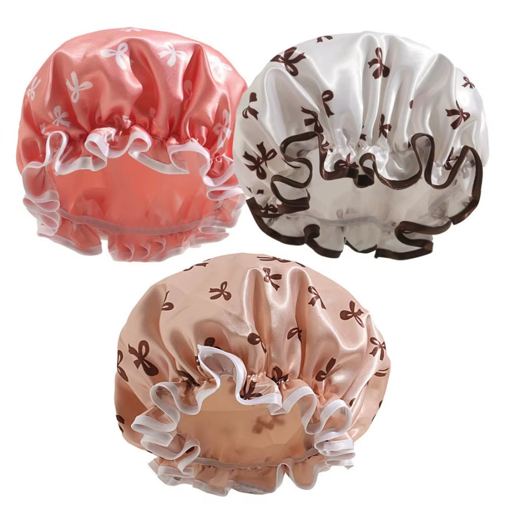 1Pc Double Layer Shower Cap Waterproof Reusable Bath Cap with Printed Design Elastic Band for Women Ladies Spa Salon